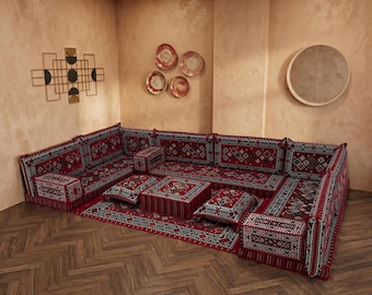 Rustic Turkish Corner Sofa, Handmade Floor Seating, Red Geometric Pattern Couch, Ethnic Modular Sofa, Cozy Ottoman Pouf, Balcony Sofa Set