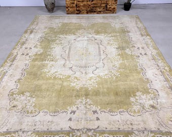 Turkish 9.5x12.5 ft Oversize Rug, Vintage Rug, Green Oriental Rug