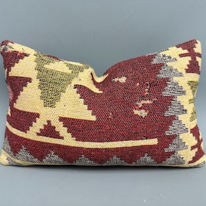 Kilim Pillow, Vintage Kilim Throw Pillow, 12x20 Kilim Cushion Sham, Home Decor Pillow, Beige Pillow, Tribal Lumbar  Pillow,