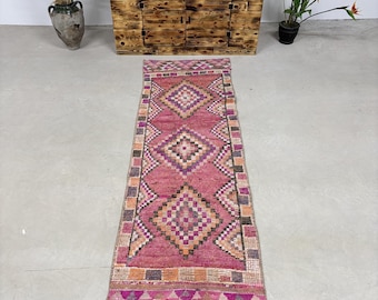 2.8x8.7 ft Runner Turkish Vintage Rug, Pink Striped Wool Rug