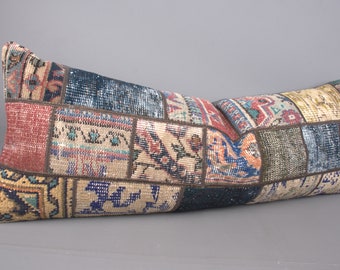 Kilim Pillow, Turkish Pillow, 16x42 Ethnical Kilim Rug Pillow, Vintage Pillow, Blue Cushion Case, Rectangular Pillow, Patchwork Pillow,