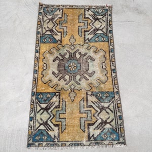 Turkish Rug, Vintage Rug, Small Rugs, Oushak Rug, Rugs For Bath, 1.5x2.6 ft Yellow Rug, Kitchen Rug, Handmade Bath Mat,