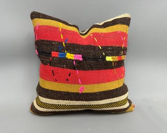 Cojín Kilim étnico, cojín Kilim turco, cojín vintage de 45 x 45 cm, funda de cojín Kilim, cojín rosa, cojín estampado.