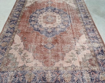 7x10 Large Rugs, Vintage Rug, Turkish Rug, Oushak Rug, Rugs For Living Room, 6.7x10.4 ft Red Rug, Rustic Turkish Rug, Large Antique Rug,