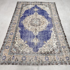 Large Rug, Vintage Rug, Turkish Rug, Oushak Rug, Rugs For Salon, 6.4x10.4 ft Blue Rug, Floor Rug, Large Wool Rug,