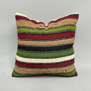 アンティーク枕、ソファ用枕、18x18 キリム枕、インテリアデザイナー枕、赤い枕カバー、モダンなストライプキリム枕、