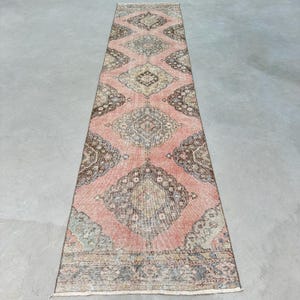 Turkish Rug, Vintage Rug, 3x12 Runner Rug, Oushak Rug, Rugs For Corridor, 2.8x12.3 ft Red Rug, Hand-Knotted Area Rug, Wool Runner Rug,