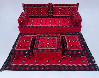 Boho Floor Seating, Red Black Kilim Sofa, Moroccan Style Couch, Middle Eastern Sofa Set, Oriental Floor Sofa, Ottoman Floor Seating,