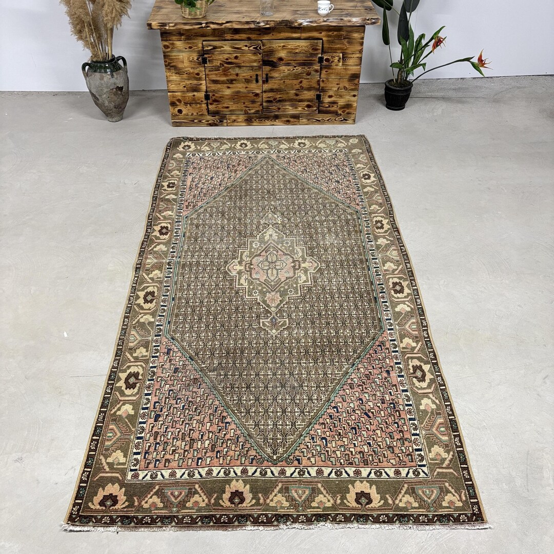 Large Turkish Rug Large Turkish Rug, Brown and Pink Anatolian Rug, 5x9.8 Ft Wool Vintage ...