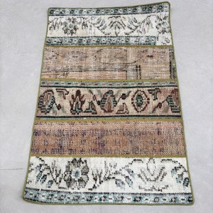 Vintage Rug Small Turkish Patchwork Antique Rugs For Entry 2.3x3.4 ft Beige Oriental Tribal Bright Kitchen Hand Knotted Retro Old Turkey