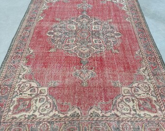 Turkish Rug, 7x10 Large Rugs, Vintage Rug, Antique Rugs, Rugs For Dining Room, 6.7x10.1 ft Red Rug, Colorful Vintage Oushak Rug, Wool Rug,