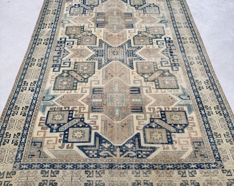 RARE Turkish Rug Vintage Large Oushak Rugs For Living Room 6.3x9.1 ft Blue Moroccan Custom Aesthetic Home Decor Abstract Neutral Turkish