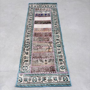 Turkish Rug Patchwork Runner Rugs Vintage Oushak For Kitchen 2.7x7.4 ft Pink Oriental Hallway Vintage Handmade Eclectic Bohemian Distressed