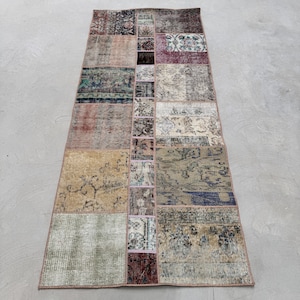 Patchwork Rug Accent Vintage Turkish Anatolian Rugs For Entry 2.8x6.6 ft Beige Kitchen Decor Pastel Wool Bright Nomadic Natural Handwoven