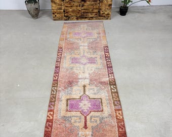Turkish Vintage Runner Rug 3.3x10.2 ft, Pink Beige Plants & trees Rug