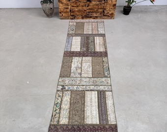 Turkish Herki Rug 2.9x10.3 ft, Beige Rainbow Bordered Wool Vintage Rug