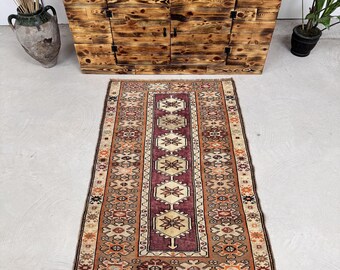 Vintage Oversize Rug 3.2x5.1 ft, Orange Brown Solid Rug Wool