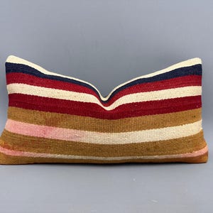 May include: A striped cushion with red, white, brown, pink, and blue stripes. The cushion is made of a woven fabric and has a rectangular shape.