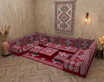Traditional Majlis Seating, Red Turkish Floor Sofa Set, Arabic Geometric Couch, Kilim Pattern Corner Set With Ottoman Poufs For Home Decor