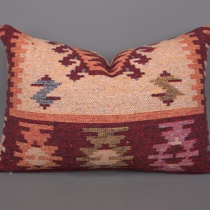 Cuscino etnico per tappeto Kilim, cuscino regalo, federa per cuscino Kilim 16x24, cuscino per divano, cuscino rosso, cuscino bifacciale, cuscino lombare turco,