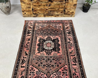 Vintage Rug, 4.2x5.8 ft Turkish Rug, Black Pink Animal Print Wool Rug