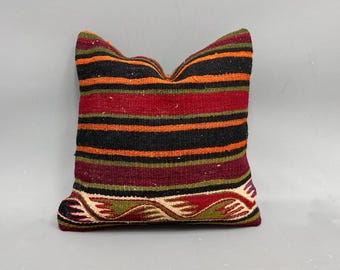 Vintage Kilim Pillow, Kilim Pillow Cover, 16x16 Kilim Cushion Sham, Gift Pillow, Green Cushion Case, Aztec Pattern Pillow,