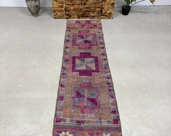 Turkish Vintage Rug, 2.7x10.1 ft Herki Rug, Pink Brown Plants & trees Wool Rug
