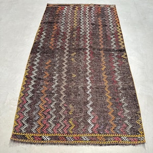 Embroidered Kilim, Vintage Kilim, Turkish Kilim, Anatolian Kilim, Rugs For Bedroom, 4.3x8.1 ft Brown Kilim, Colorful Vintage Oushak Rug,