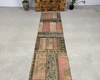 Vintage 3x12.3 ft Rug, Herki Turkish Rug, Pink Camouflage Rug Wool