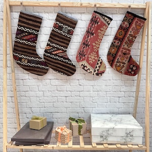 Christmas Stocking Set, Plaid Christmas Stocking, Scandinavian Christmas Stocking, 6x19 inches Xmas Stocking, Kilim Christmas Stockings,