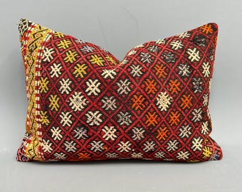 Turkish Kilim Pillow, Vintage Kilim Pillow, 20x28 Boho Pillow Sham Cover, Antique Pillows, Red Cushion, Handmade Rectangular  Pillow,