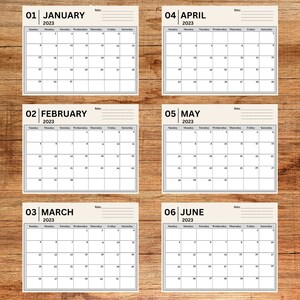 Calendário 2023, calendário minimalista e simples, 11 x 8 pol., calendário para impressão 2023, download instantâneo, tamanho carta dos EUA, páginas horizontais, PDF