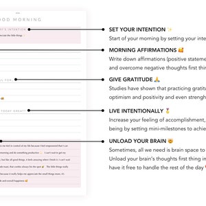 Puede incluir: Un planificador diario imprimible rosa y blanco con el t&iacute;tulo "Good Morning" y secciones para establecer intenciones, afirmaciones, gratitud y un diario de pensamientos de 2 minutos. El planificador incluye iconos y texto motivacionales.