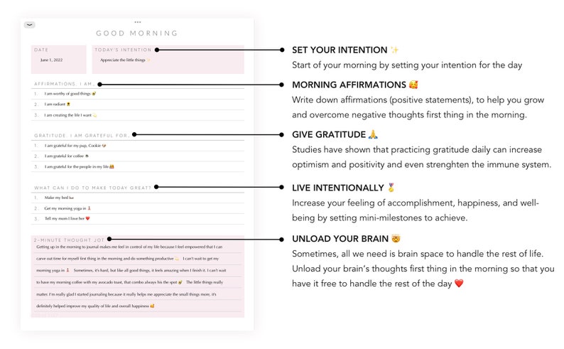 Puede incluir: Un planificador diario imprimible rosa y blanco con el t&iacute;tulo "Good Morning" y secciones para establecer intenciones, afirmaciones, gratitud y un diario de pensamientos de 2 minutos. El planificador incluye iconos y texto motivacionales.