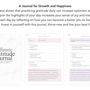 Puede incluir: Un diario de gratitud rosa y blanco con el t&iacute;tulo "5 Minute Gratitude Journal" y el texto "Un diario que te ayuda a encontrar la gratitud, prosperar y vivir una vida m&aacute;s feliz." El diario tiene dos p&aacute;ginas, una etiquetada como "Good Morning" y la otra como "Good Night".