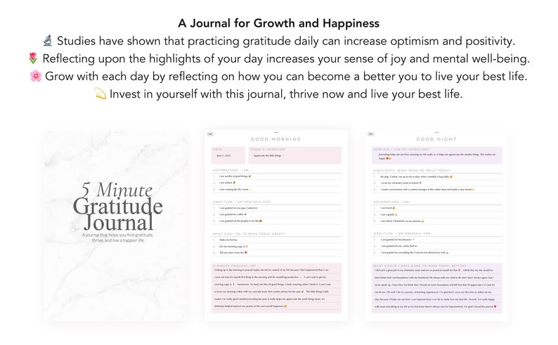Puede incluir: Un diario de gratitud rosa y blanco con el t&iacute;tulo "5 Minute Gratitude Journal" y el texto "Un diario que te ayuda a encontrar la gratitud, prosperar y vivir una vida m&aacute;s feliz." El diario tiene dos p&aacute;ginas, una etiquetada como "Good Morning" y la otra como "Good Night".