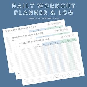 Puede incluir: Tres hojas de planificador y registro de entrenamiento imprimibles con un diseño sencillo. Cada hoja tiene una sección para planificar y registrar los entrenamientos de fuerza y cardio. Las hojas están etiquetadas como "Workout Planner & Log" e incluyen secciones para la fecha, la hora, el ejercicio, el plan, la fuerza y el cardio.