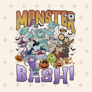 Può includere: Una stampa grafica con il testo MONSTER BASH! e vari personaggi mostruosi animati in costumi di Halloween, tra cui una mummia, un ciclope e una creatura verde con un occhio solo, circondati da ragnatele, pipistrelli e zucche.