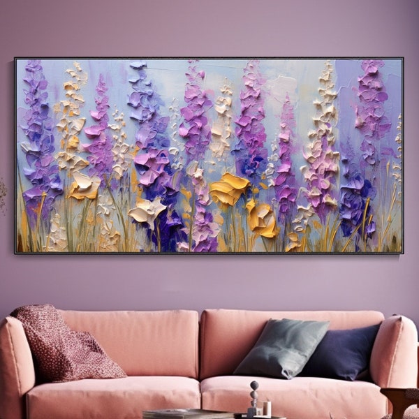 Peinture À L'huile Champ Fleurs Provence, Fleurs Lavande Violettes, Impasto Sauvage Décor Paysage Rustique Art Floral Romantique Pour Maison