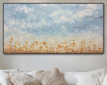 Peinture À L'huile Paysage Naturel Ferme Champ Automnal Ciel Bleu Nuages Texture Minimalisme Moderne Déco Murale Salon Œuvre D'art Originale