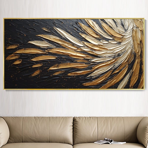 Peinture Feuille D'or 3D Plumes Dorées Visuel Créatif Art Toile Texturée Noire Épaisse Décor Murale Luxe Moderne Abstraite Pour Salon Bureau