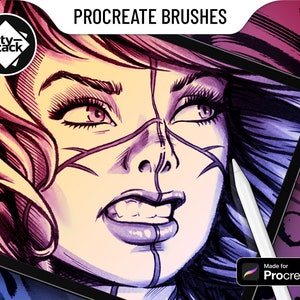 May include: A digital illustration of a woman's face with a dramatic expression, drawn in a comic book style. The image is displayed on a tablet with a stylus pen, and the text "Procreate Brushes" is displayed at the top of the image. The image is made for Procreate.