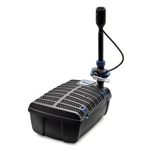 May include: A black pond pump with a blue and black filter system and a black hose attached to a black nozzle.
