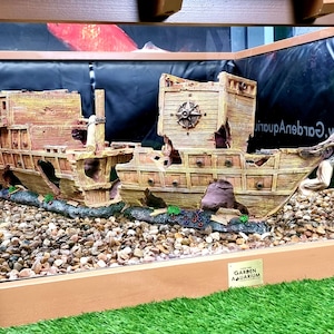May include: A wooden shipwreck ornament for an aquarium. The shipwreck is detailed with a weathered brown and tan finish. The ornament is sitting on a bed of small brown and white pebbles. The text "GARDEN AQUARIUM" is on a gold plaque in the lower right corner of the image.