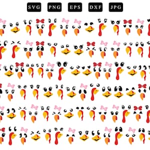 May include: A set of 40 printable turkey face cutouts. The cutouts feature different combinations of eyes, beaks, and waddles. Some of the turkeys have bows on their heads. The cutouts are perfect for Thanksgiving crafts.