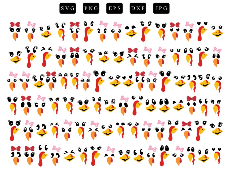 May include: A set of 40 printable turkey face cutouts. The cutouts feature different combinations of eyes, beaks, and waddles. Some of the turkeys have bows on their heads. The cutouts are perfect for Thanksgiving crafts.
