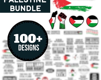 May include: A digital download bundle of over 100 Palestine-themed designs. The designs feature the Palestinian flag in various styles, including a map of Palestine, a fist, a heart, and a circle. The text "PALESTINE BUNDLE" and "100+ DESIGNS" are also included in the image. The text "DIGITAL DOWNLOAD" and "SVG PNG EPS DXF" are at the bottom of the image.
