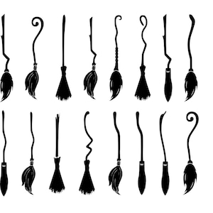 May include: A selection of black witch broom illustrations in various styles. The image includes broom designs with straight, curved, and angled handles, and different brush shapes. File type options are listed: SVG, PNG, EPS, DXF, and JPG.