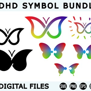 ADHD シンボル バンドル、ADHD SVG バンドル、ADHD PNG、ADHD 蝶、レインボー SVG、神経多様性 SVG、神経 SVG、神経 PNG、擁護者 SVG