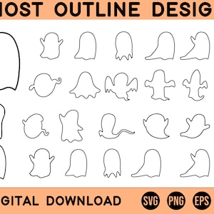 May include: A selection of black and white ghost outline designs. The image shows different ghost shapes, ranging from simple to more detailed forms. Text at the top reads "GHOST OUTLINE DESIGNS" and at the bottom "DIGITAL DOWNLOAD" with file type icons.